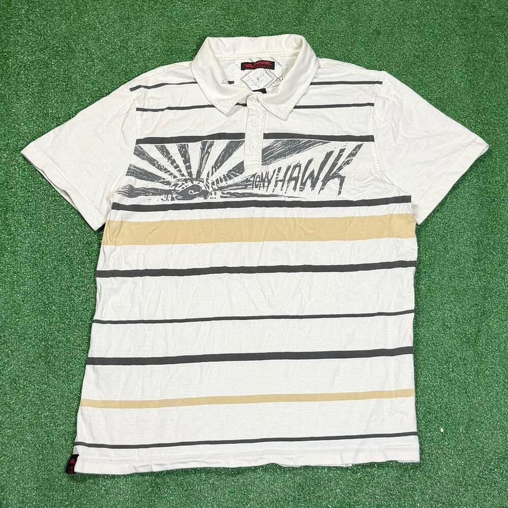 Vintage Tony Hawk Polo Shirt Mens XL White Striped Skater Style Graphic Y2K